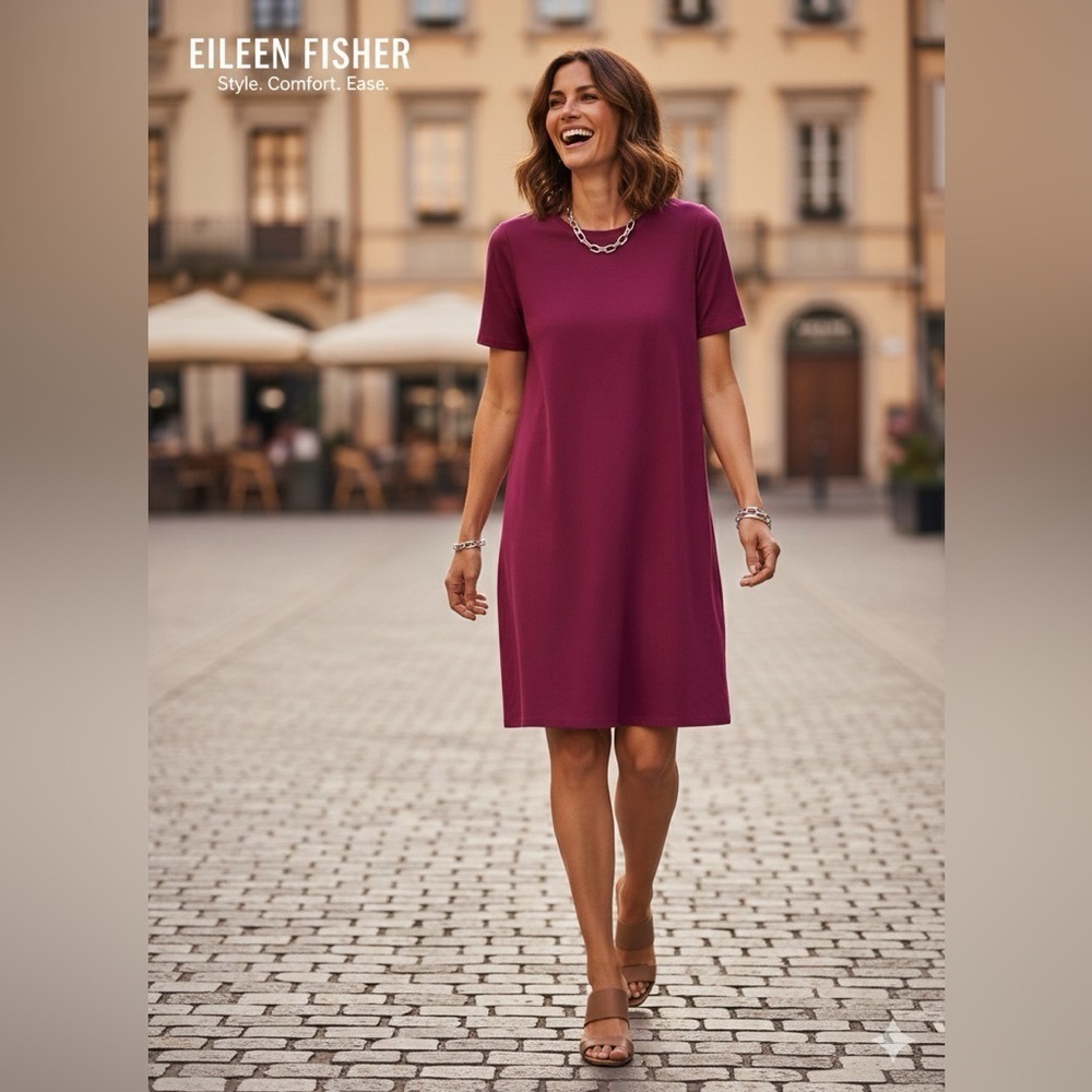 Eileen Fisher Pink 100% Organic Cotton Jersey Crew Neck Shirt Dress size XS